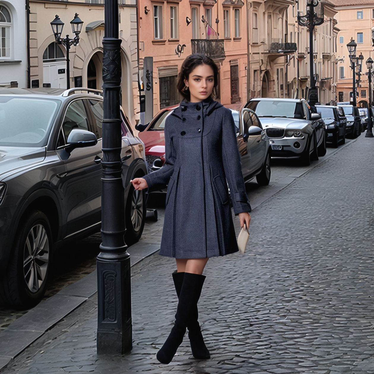 Women's elegant coat with high collar and functional pockets NOVAE