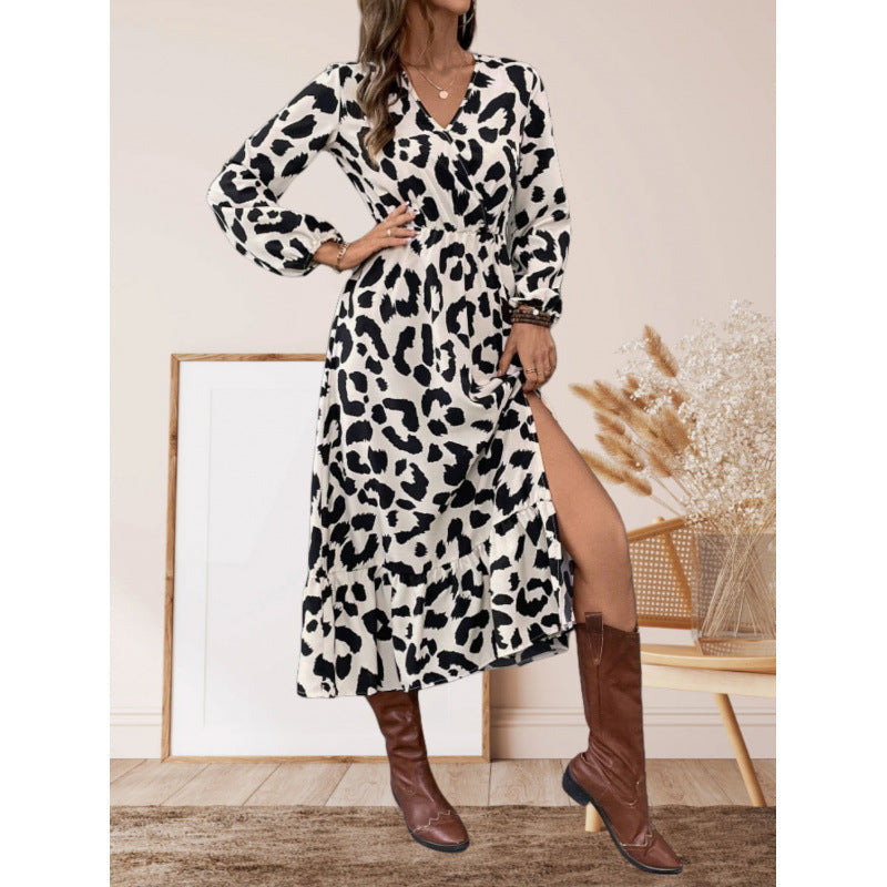 Women's maxi dress with asymmetrical cut and trendy leopard print NOVAE