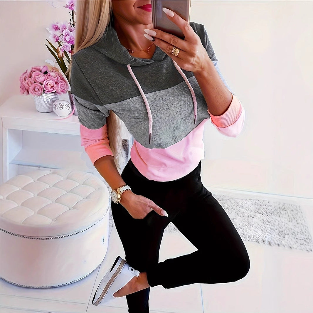 Women's fashionable casual pullover with hood and color block design NOVAE