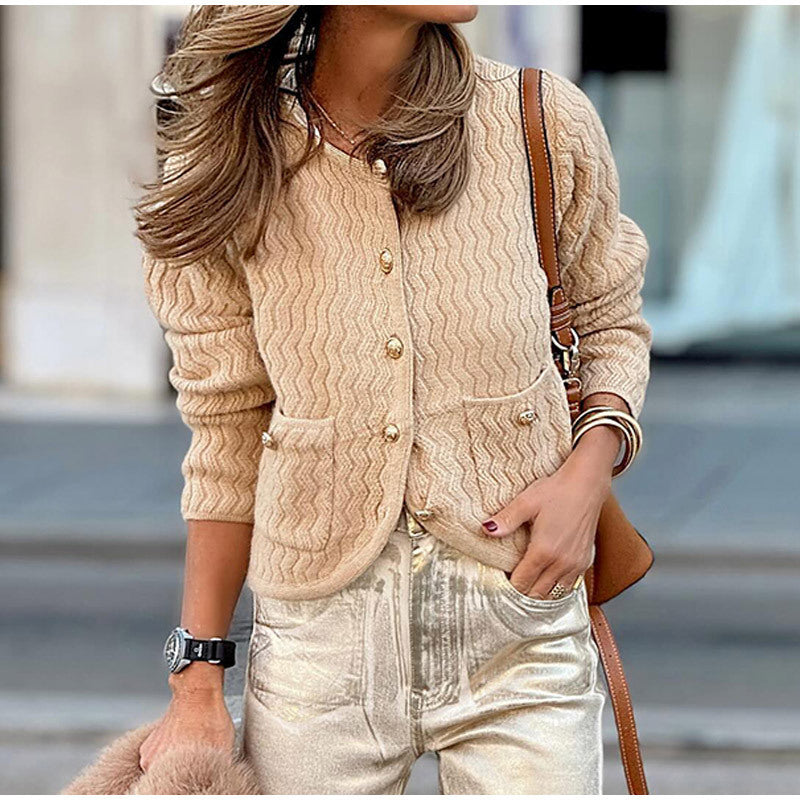 Women's cardigan with structured check pattern and decorative buttons NOVAE