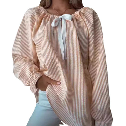 Women's blouse with elasticated neckline and bow tie NOVAE