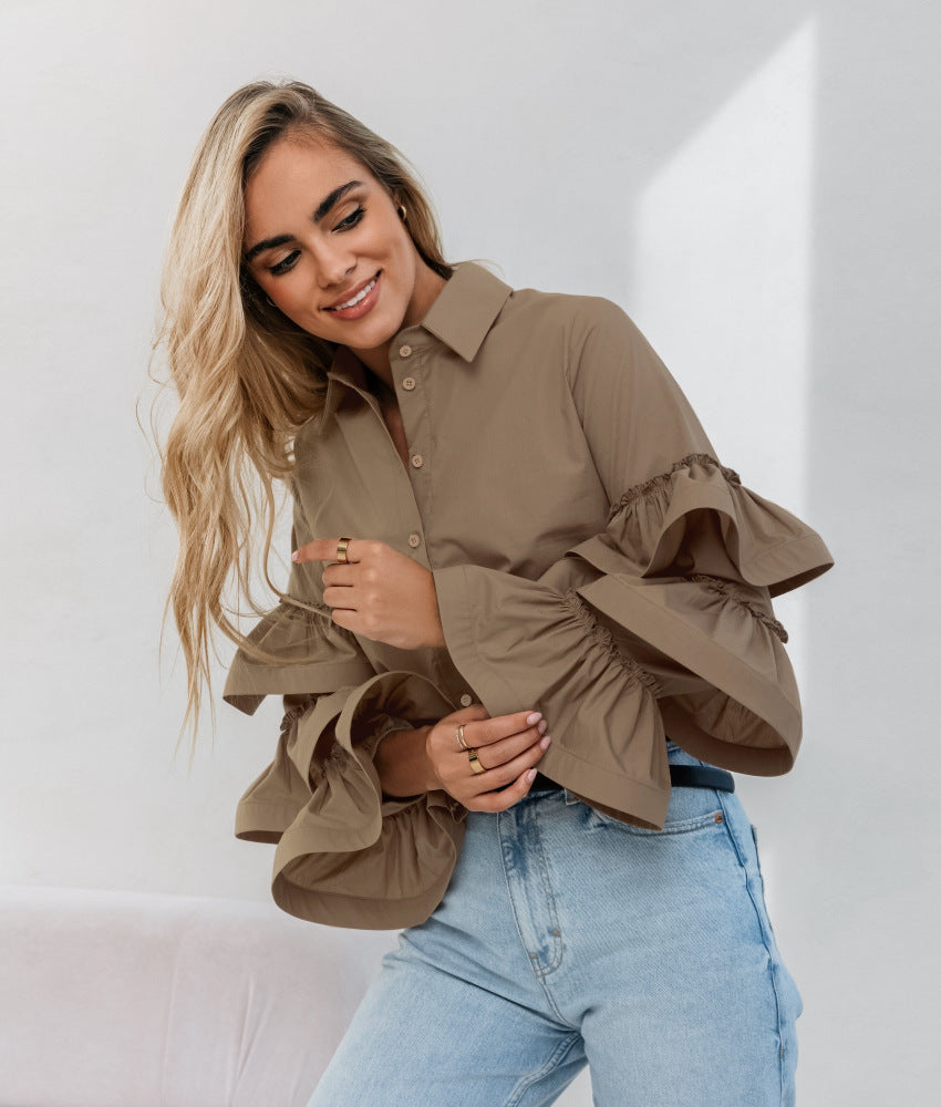 Women's blouse with voluminous ruffle details and classic collar NOVAE