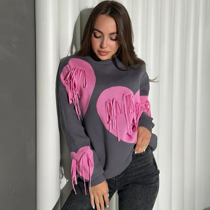 Women's fashionable sweater with a cheerful heart design and creative fringe NOVAE
