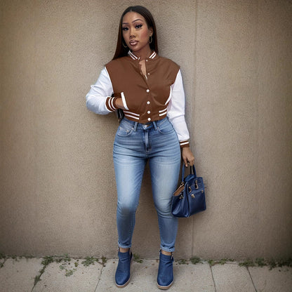 Women's varsity jacket with contrasting sleeves and structured collar NOVAE