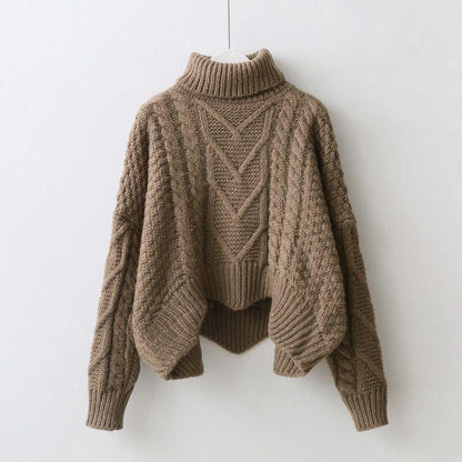 Women's chunky knit sweater with high collar and cable pattern NOVAE