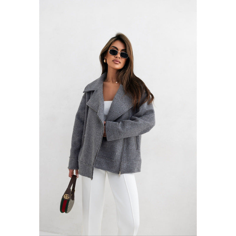 Women's elegant fluffy biker jacket with gold zipper details NOVAE