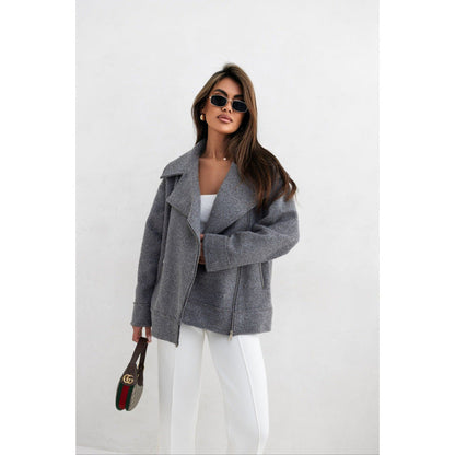 Women's elegant fluffy biker jacket with gold zipper details NOVAE