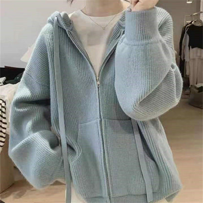 Women's hooded jacket with trendy ribbed knit design and practical pockets NOVAE