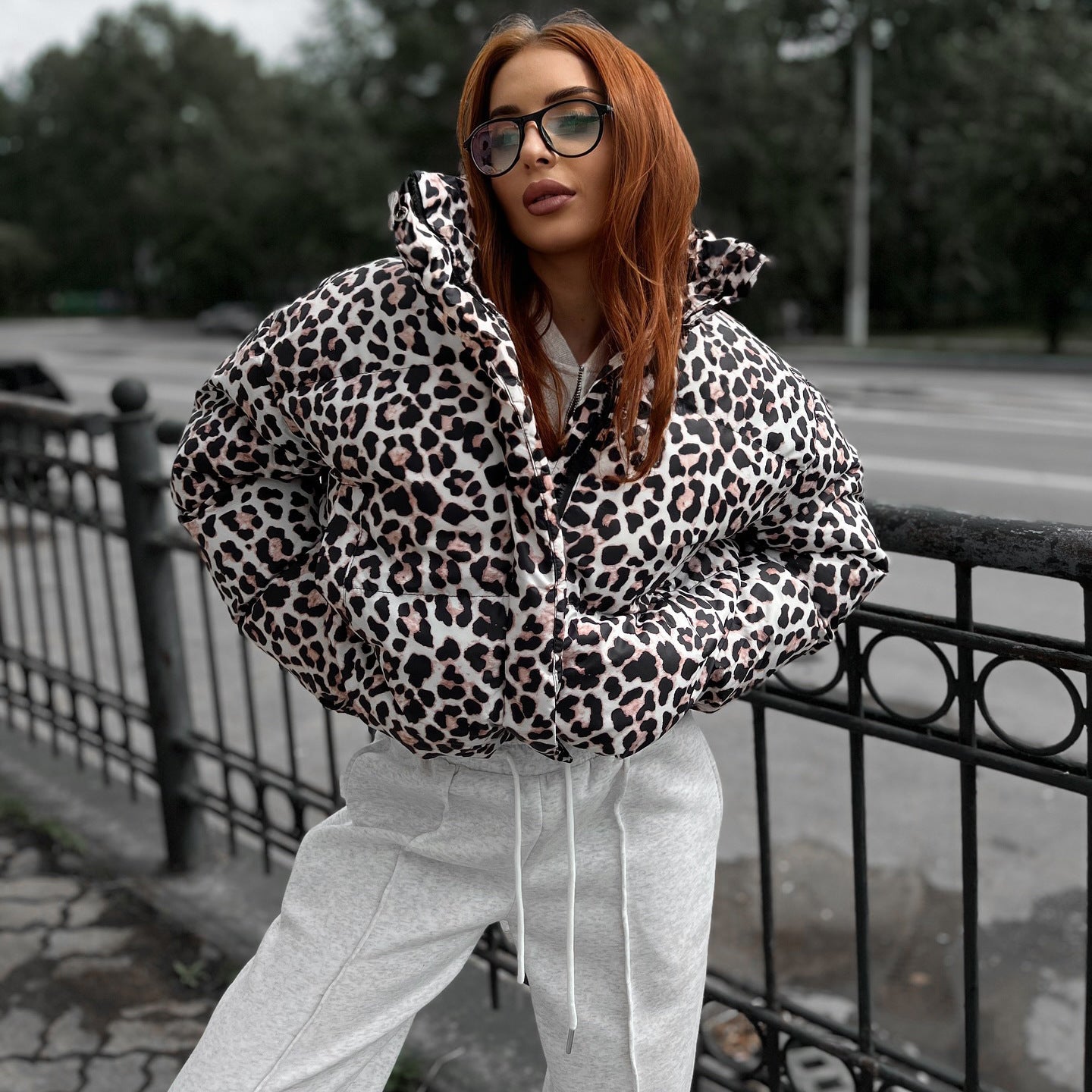 Women's stylish padded down jacket in fashionable leopard print NOVAE