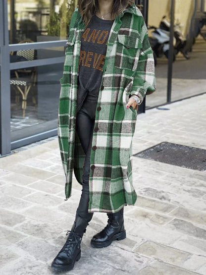 Women's Checkered Long Coat with Practical Pockets NOVAE