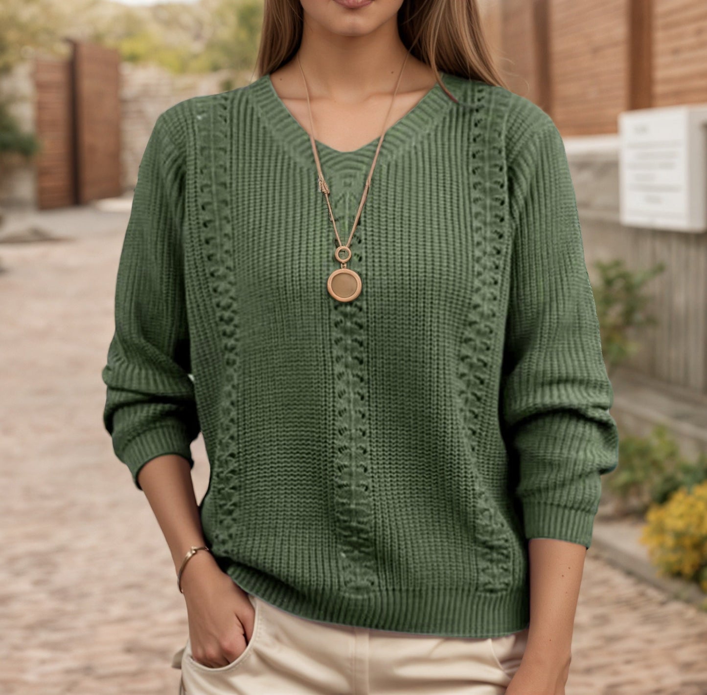 Women's V-neck knit sweater with textured finish NOVAE