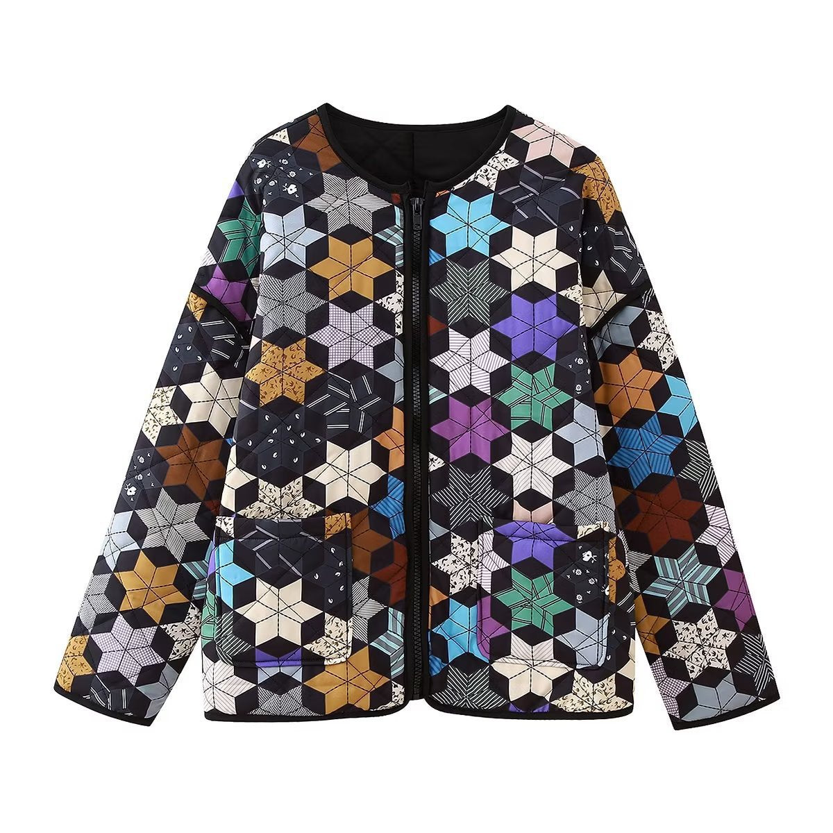 Women's transitional jacket with colorful geometric pattern and practical pockets NOVAE