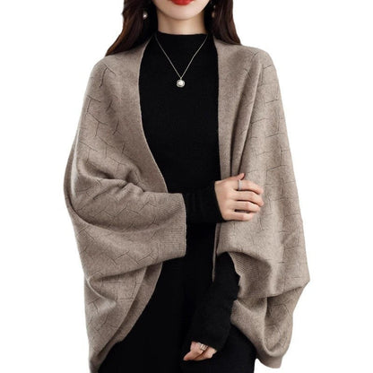 Women's Large Knit Poncho with Modern Diamond Pattern NOVAE