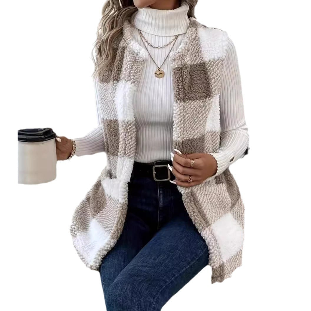 Women's Soft Plaid Vest with Side Pockets and Comfortable Cut NOVAE