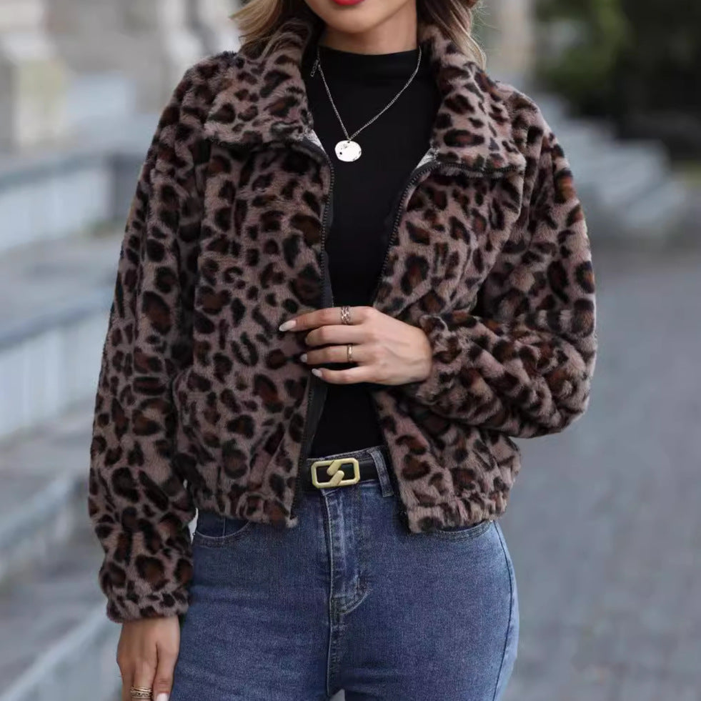 Women's cozy fleece jacket in leopard print NOVAE