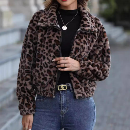 Women's cozy fleece jacket in leopard print NOVAE