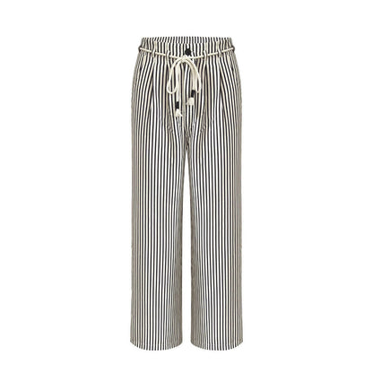 Women's wide-leg linen trousers with striped pattern and adjustable waistband NOVAE