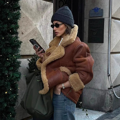 Women's teddy leather jacket with unusual collar and detachable details NOVAE