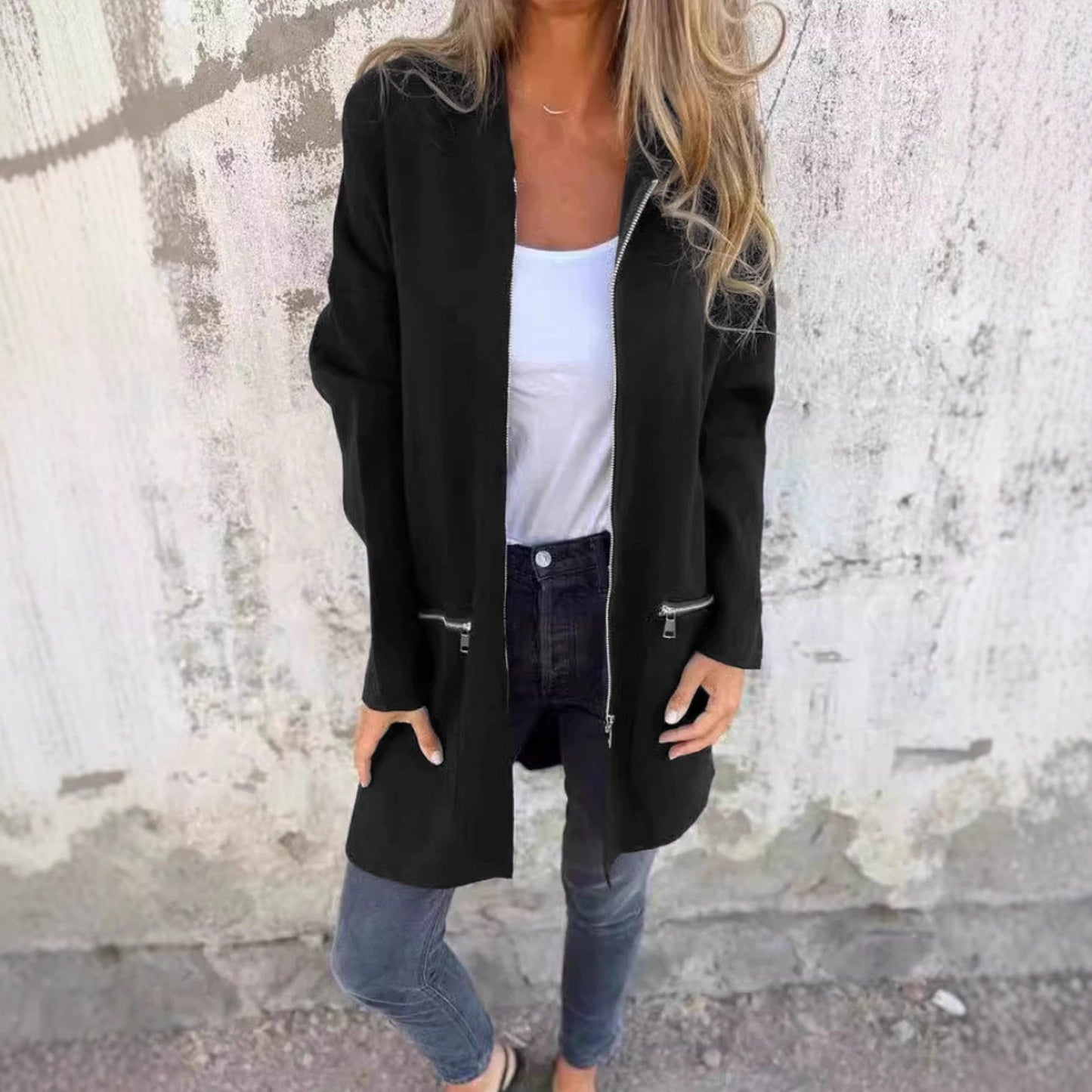 Women's casual long jacket with practical zipper and side pockets NOVAE