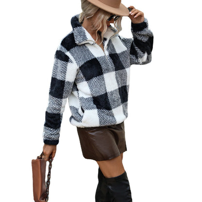 Women's plush pullover with check pattern and high collar NOVAE