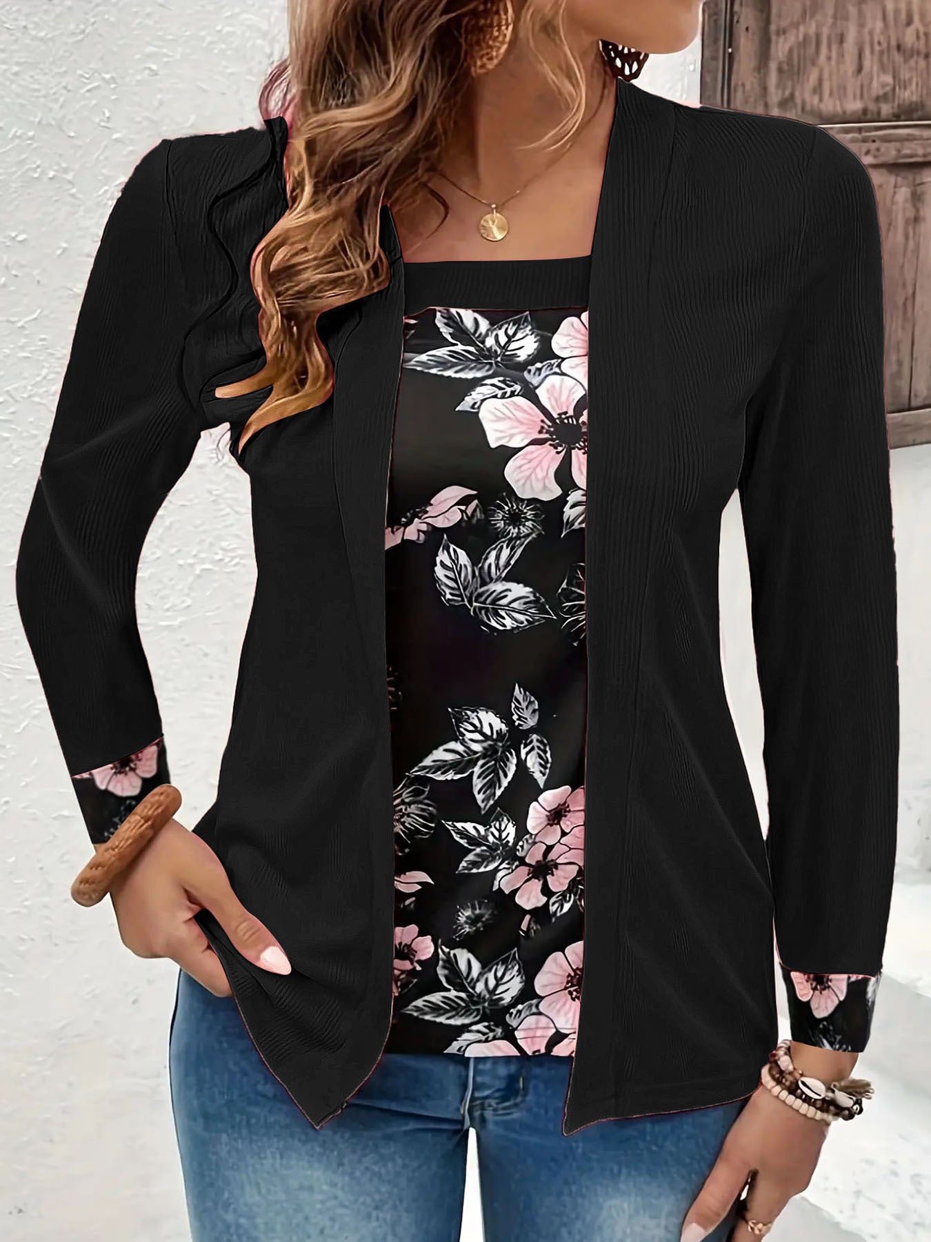 Women's elegant and casual long jacket with floral design NOVAE