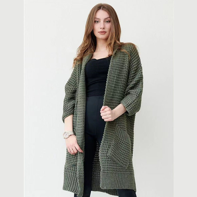 Women's long knitted coat in a fashionable waffle pattern NOVAE
