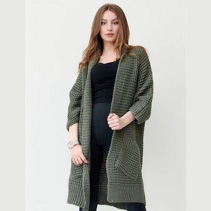 Women's long knitted coat in a fashionable waffle pattern NOVAE
