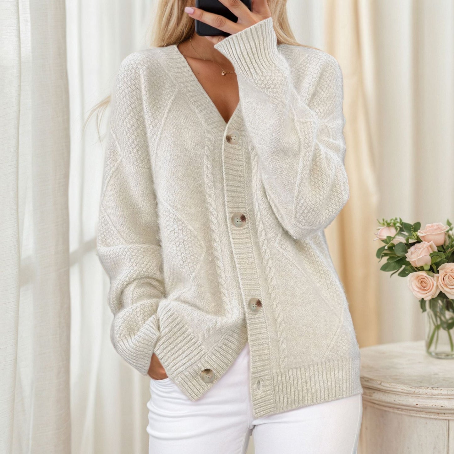 Women's cardigan with braided pattern and elegant button detail NOVAE