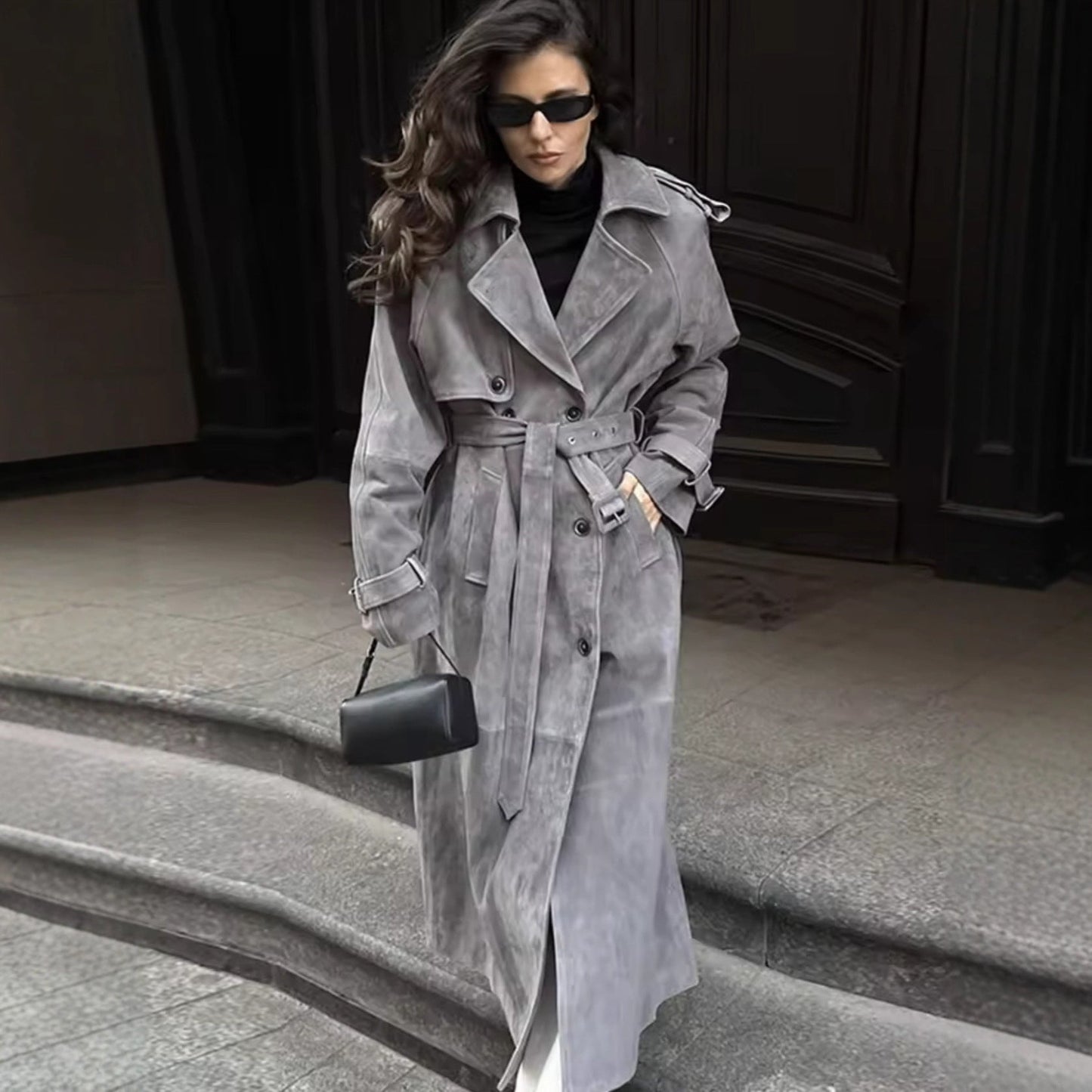 Women's stylish midi trench coat jacket with tie belt and practical pockets NOVAE