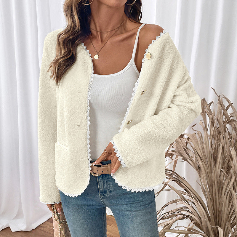 Women's soft teddy jacket with lace trim NOVAE