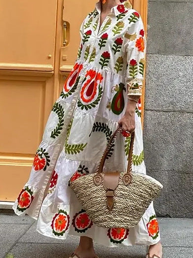 Women's Long Sleeve Partial Check Dress with Floral Embroidery NOVAE