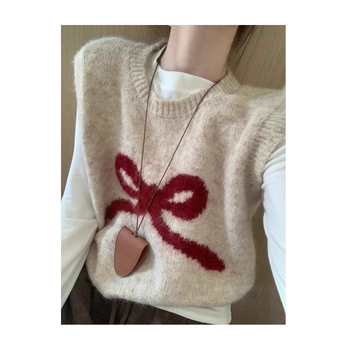 Women's Cozy Knit Vest with Playful Bow Motif NOVAE