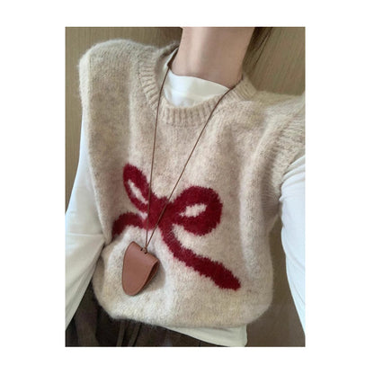 Women's Cozy Knit Vest with Playful Bow Motif NOVAE