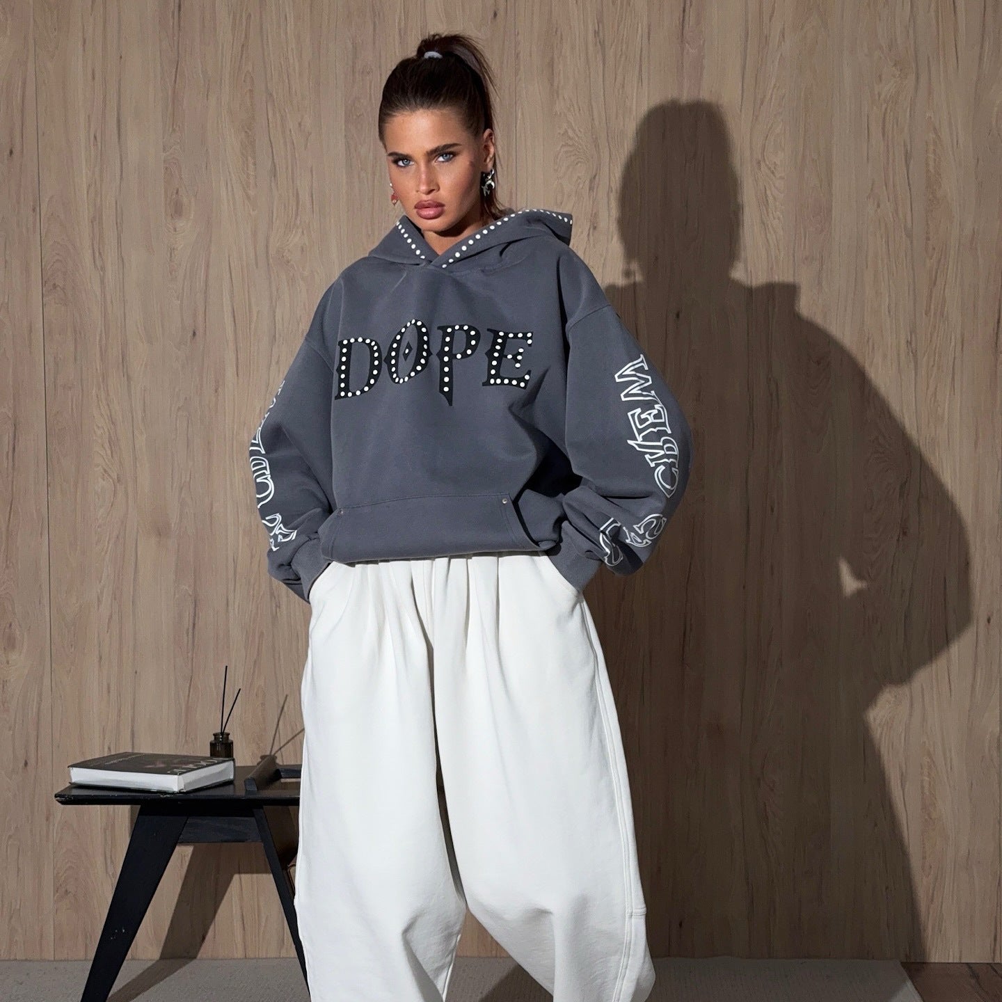 Women's oversized hoodie with eye-catching rhinestone embellishment and creative sleeve prints NOVAE