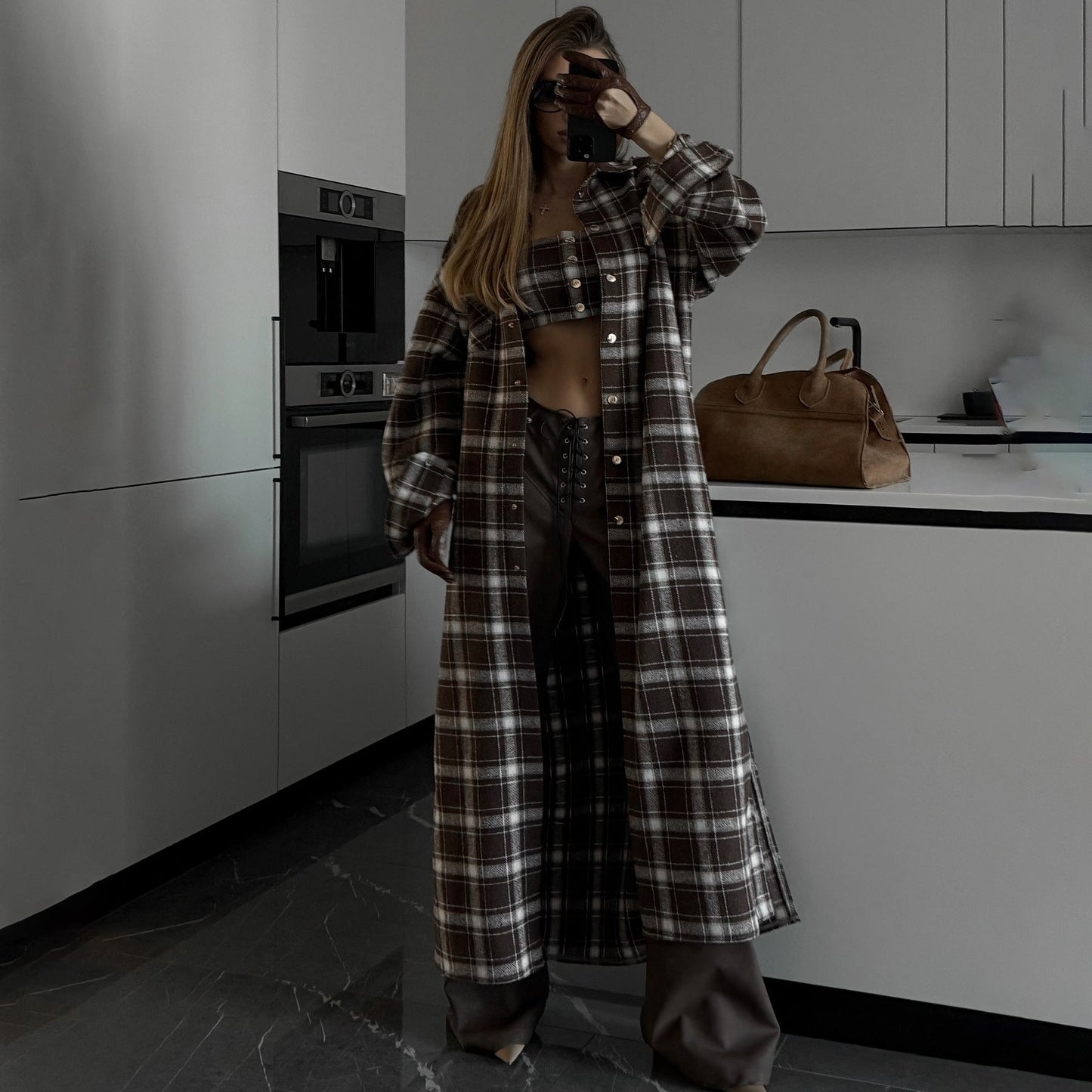 Women's Long Check Shirt Dress with Detachable Sleeves NOVAE