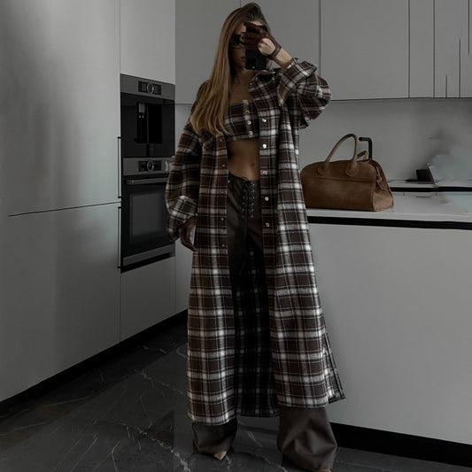 Women's Long Check Shirt Dress with Detachable Sleeves NOVAE