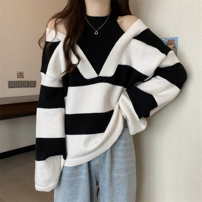 Women's V-neck oversized sweater with fashionable striped pattern and open shoulder design NOVAE