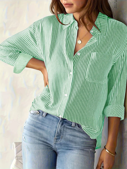 Women's long-sleeved blouse with fine stripes and chest pocket NOVAE