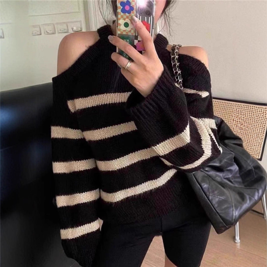 Women's off-the-shoulder knit sweater with striped pattern and relaxed fit NOVAE
