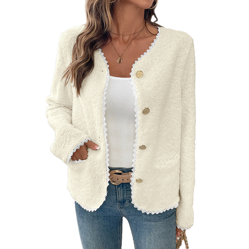 Women's soft teddy jacket with lace trim NOVAE