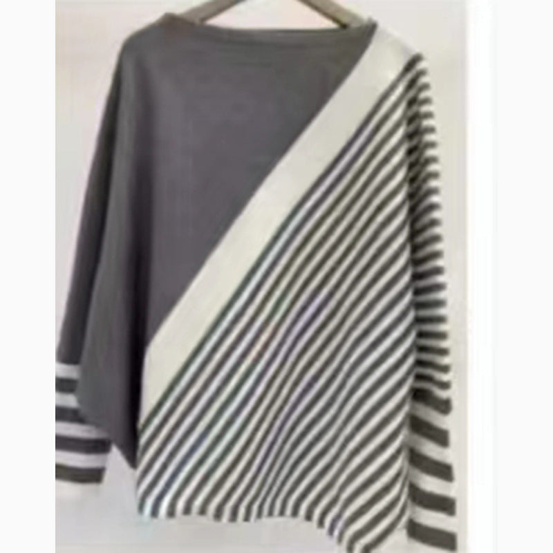 Women's fashionable knit sweater with asymmetrical cut and graphic stripe pattern NOVAE