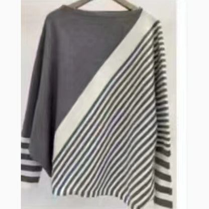 Women's fashionable knit sweater with asymmetrical cut and graphic stripe pattern NOVAE