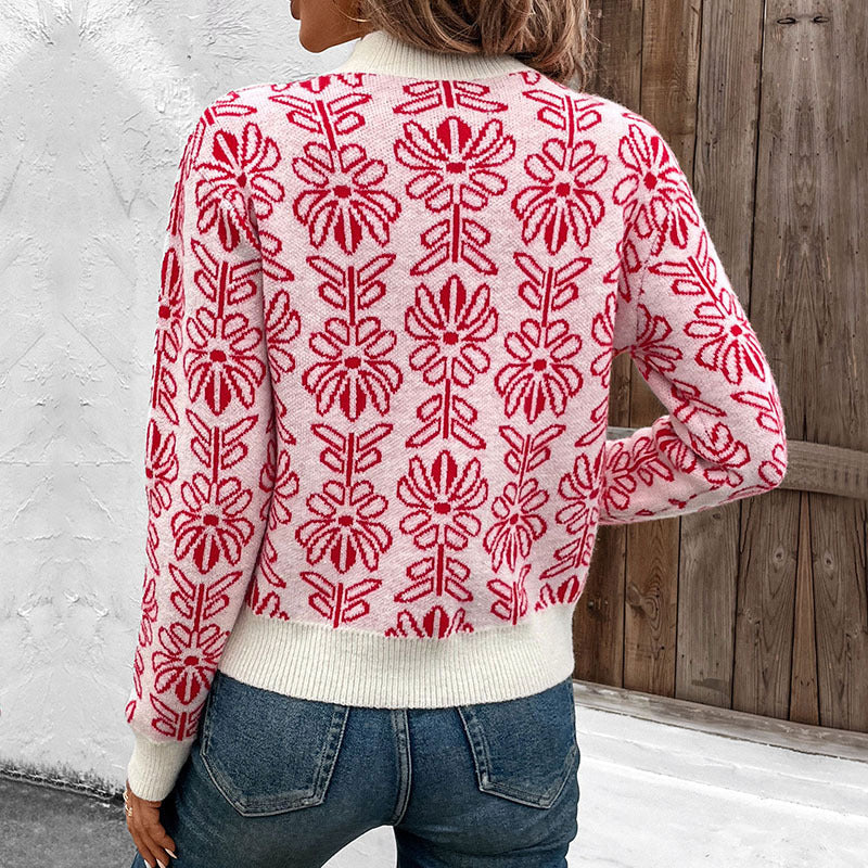 Women's knitted sweater with floral patterns and elegant stand-up collar NOVAE