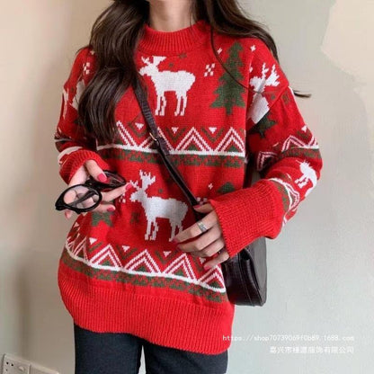 Women's chunky knit sweater with festive reindeer motif and round neckline NOVAE