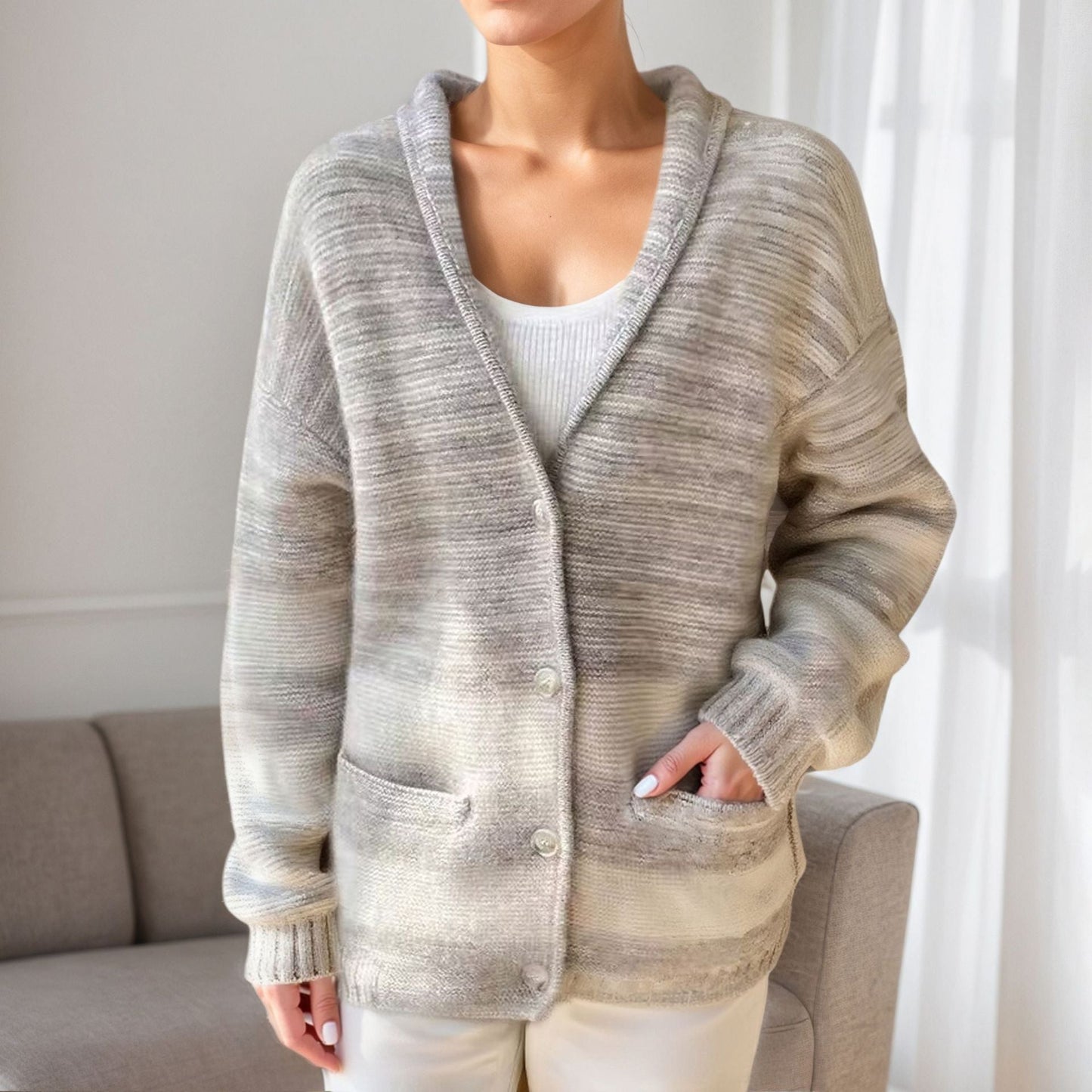 Women's patterned cardigan with casual flap and pockets NOVAE