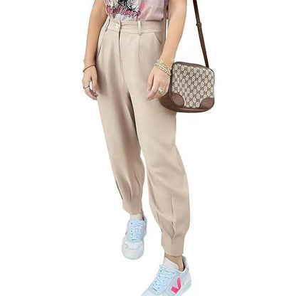 Women's elegant and fashionable high-waisted trousers with pleats and side pockets NOVAE