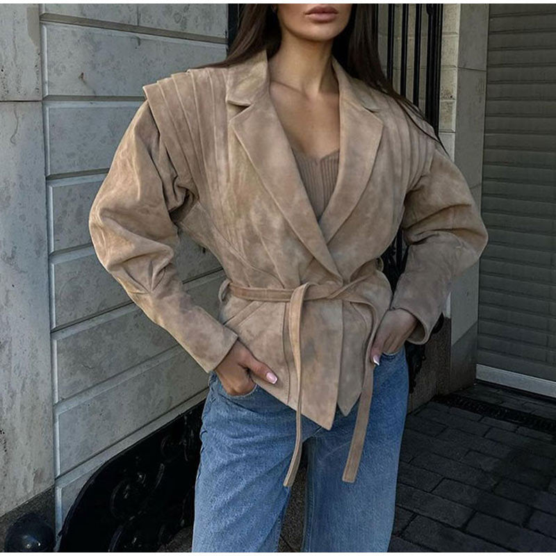 Women's fashionable blazer with smooth shoulder details and tie belt NOVAE