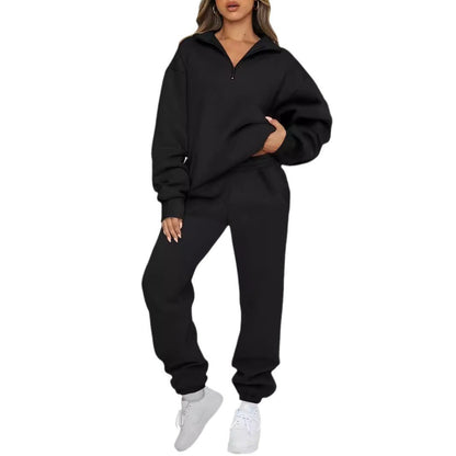 Women's Cozy Leisure Suit with Stand-Up Collar and Zipper NOVAE