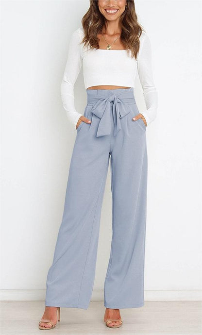 Women's wide-leg trousers with tie belt and elegant pockets NOVAE