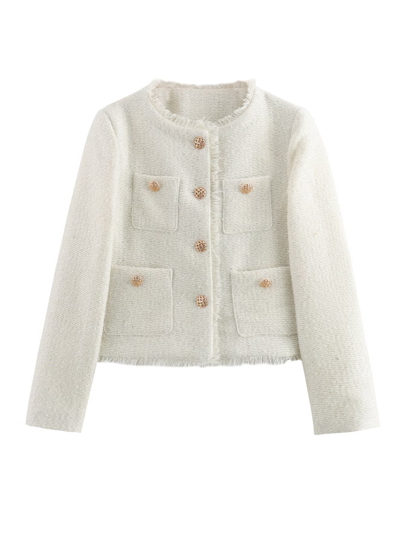 Women's elegant tweed jacket with fringe and decorative buttons NOVAE